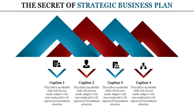 PPT slide with a strategic business plan showing four stages, each with an icon and different colored arrows with captions.