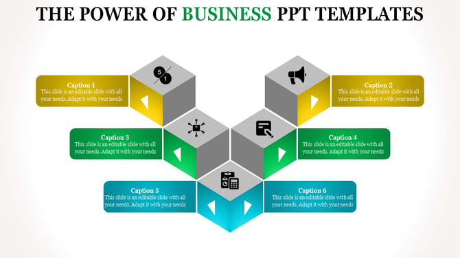 Business PowerPoint template featuring six colorful blocks with numbered steps and icons with captions.