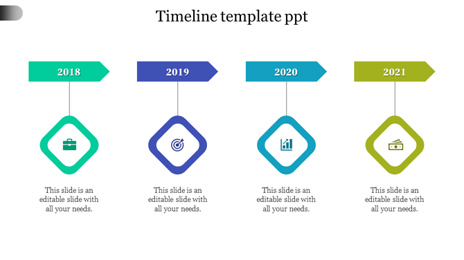 Timeline PowerPoint slide with four stages from 2018 to 2021, each marked by unique colorful icons for different milestones.