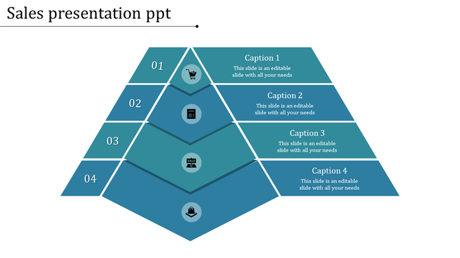 PowerPoint slide featuring a hierarchical sales structure with captions and corresponding icons in a pyramid design.
