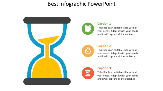 Best infographic PowerPoint template with an hourglass symbol and three captions with icons.