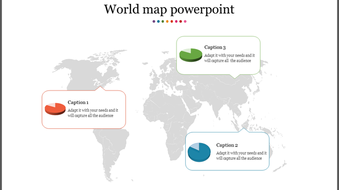 World map PowerPoint template with colorful pie chart icons and captions with placeholder text.