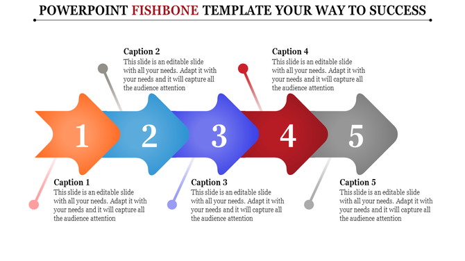 Creative and colorful arrow model fishbone PowerPoint template with captions for each section with placeholder text.