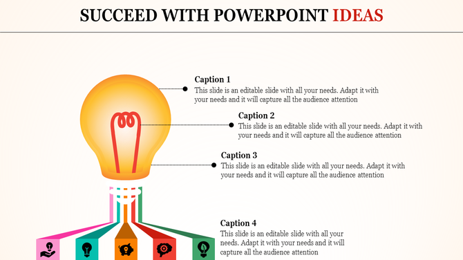 Creative PowerPoint template with a lightbulb symbol and multiple idea related colorful icons with captions.