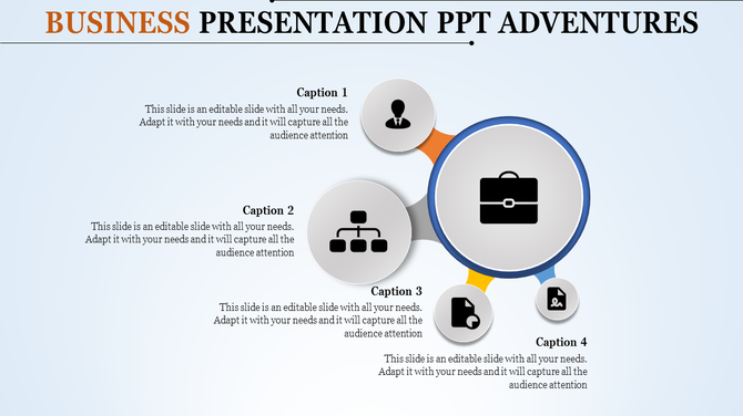 Business PPT slide with icons for a person, hierarchy, briefcase, and document with captions and placeholder text.