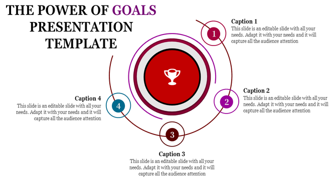 Slide featuring a red trophy in the center, surrounded by concentric circles and four numbered captions for goals.