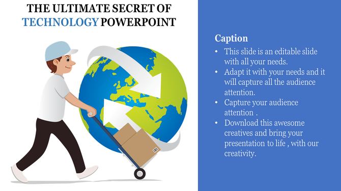 PowerPoint template featuring a man carrying a box with a globe and arrows, symbolizing the impact of technology worldwide.