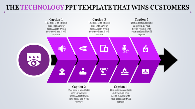 Technology PPT slide featuring five sections with icons representing purple themes with captions.