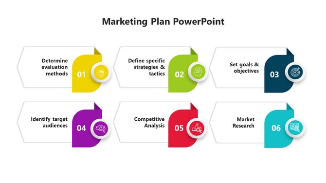 Marketing plan PPT slide featuring six steps with colorful icons and captions, including topics.