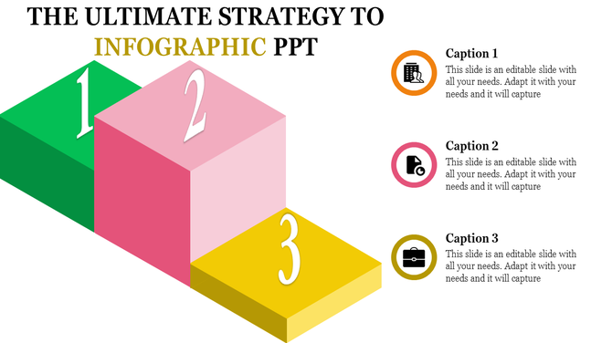 Colorful 3D infographic PPT slide with numbered steps and captions for a professional presentation.