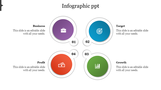 Infographic PPT slide with four colorful circular sections representing Business, Target, Profit, and Growth with captions.