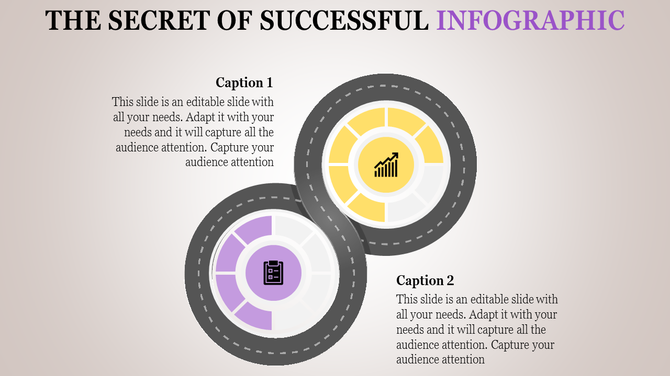 Infographic slide with two circular sections connected by dashed lines one featuring a growth icon and the other a file icon.