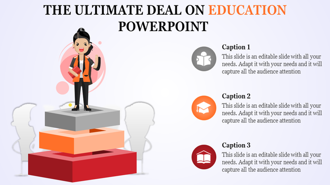 Education PPT template with a figure on steps and three sections labeled with captions and placeholder text.