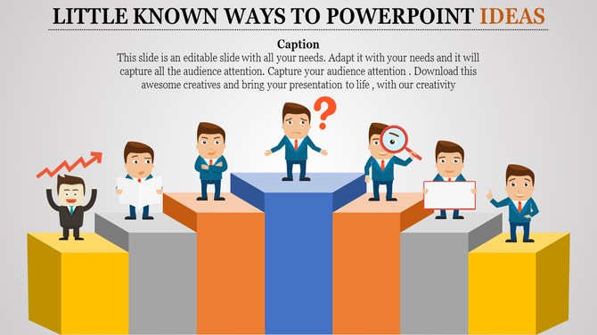 Slide illustrating different characters with varying expressions surrounded by colorful blocks.