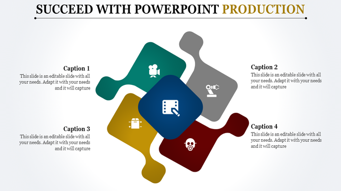 Four diamond shaped colorful blocks connected in a cross layout with production themed icons and captions.