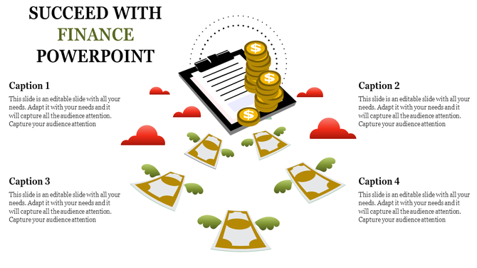 Finance slide featuring a clipboard with stacked gold coins, flying dollar bills, and four captions around a clean layout.