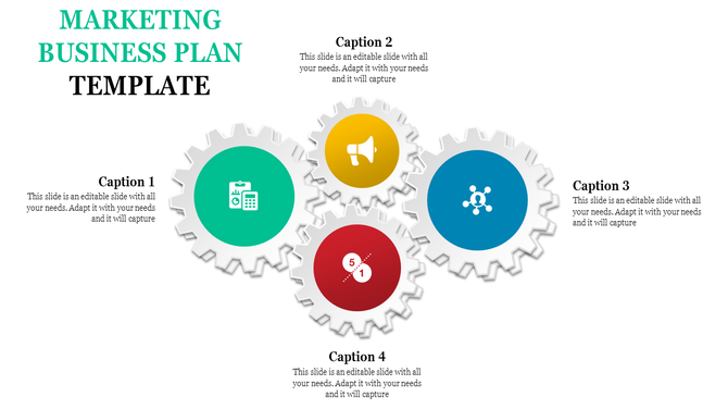 Marketing plan slide with four interlocking gear icons in green, yellow, blue, and red, each with icons and captiona.