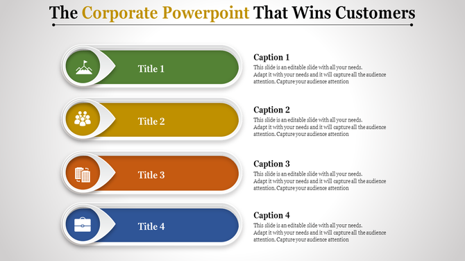 Corporate PowerPoint template with four colorful arrows representing different business titles with captions.