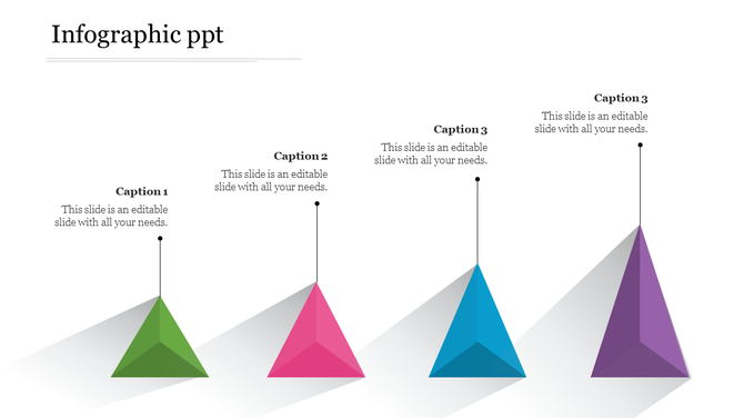 Infographic PowerPoint slide with four colorful triangles pointing upwards with captions.