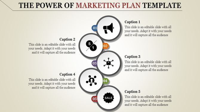 Marketing plan PPT slide featuring circular icons with icons like a megaphone, sale, and network for various marketing stages.