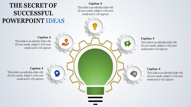 Creative PowerPoint ideas with lightbulb and gear icons symbolizing innovation and strategy with captions.