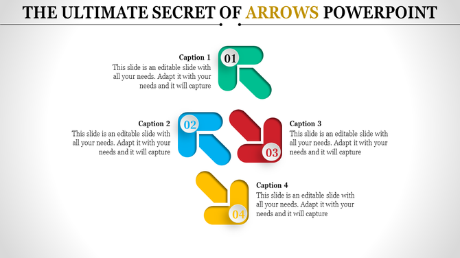 Creative arrows PowerPoint slide with various arrows pointing in different directions with captions.