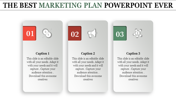 Marketing plan PPT slide with numbered steps and icons such as a funnel, speaker, and network with captions.