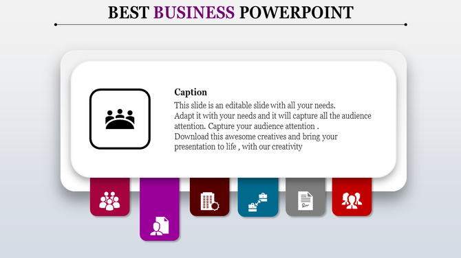 White rectangular caption box with black icon and six colorful tabs below, set against a gradient gray background.