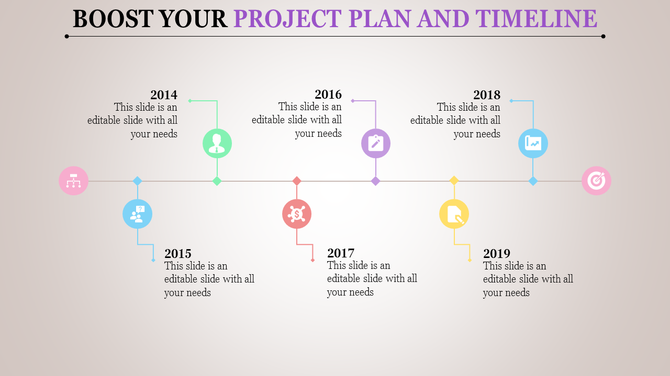 A colorful project timeline with icons for each year, from 2014 to 2019, including a flowchart, people, pencil, and target.