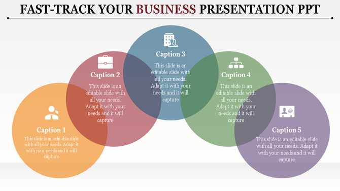 Business PPT template with five colorful circles representing different concepts, each with a caption and icon.