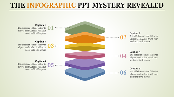 Infographic style PowerPoint slide with six colorful, stacked layers, each labeled with a caption.