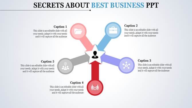 Star shaped central figure with five colored arms in red, blue, pink, gray, and purple, each linked to circular icons.