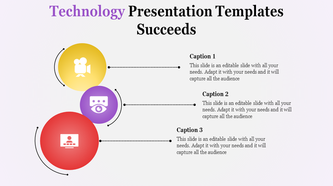 Technology themed presentation slide with three colorful icons connected to descriptive captions.