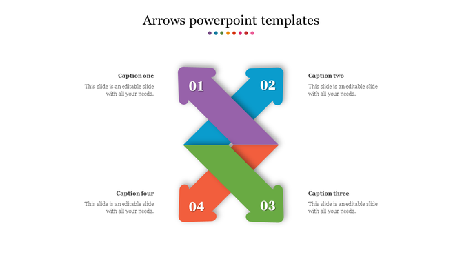 A PowerPoint slide with arrows and numbered steps, showcasing colorful arrows pointing in different directions.