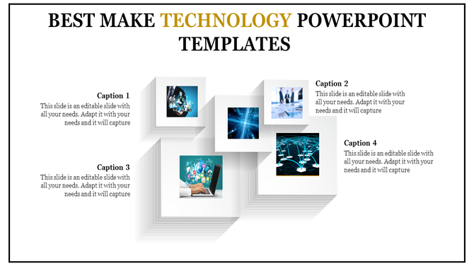 A technology PowerPoint template with multiple framed images, featuring various icons and visuals.