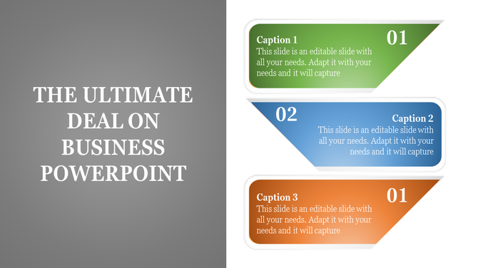 Business PowerPoint template with triangular sections labeled Caption 1 to 3 featuring numbered placeholders.