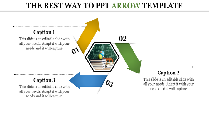 PowerPoint template with arrows pointing in different directions, featuring a hexagon with books and a globe.