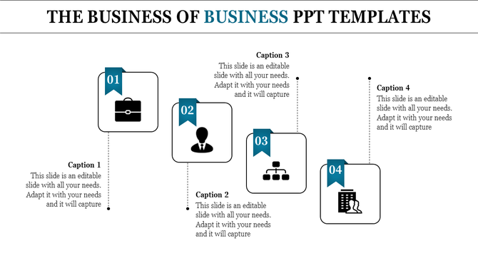 A business themed PowerPoint template featuring a timeline with four numbered steps and corresponding icons.