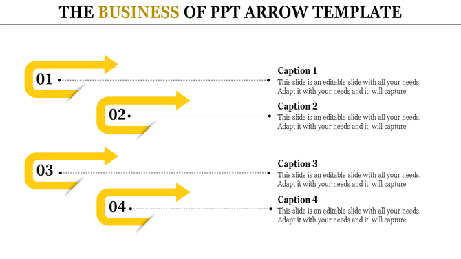 Arrow themed PowerPoint template showing a sequential flow with four yellow arrows and captions.