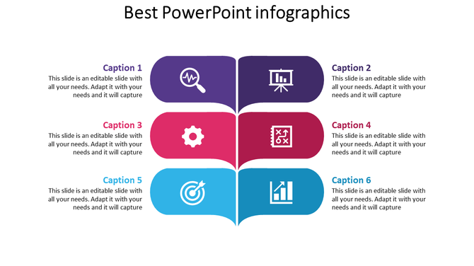 Best PowerPoint infographic slide with colorful icons and numbered captions for different steps.