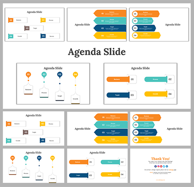 Collection of agenda slides for PowerPoint, featuring various layouts with colorful icons and designs.