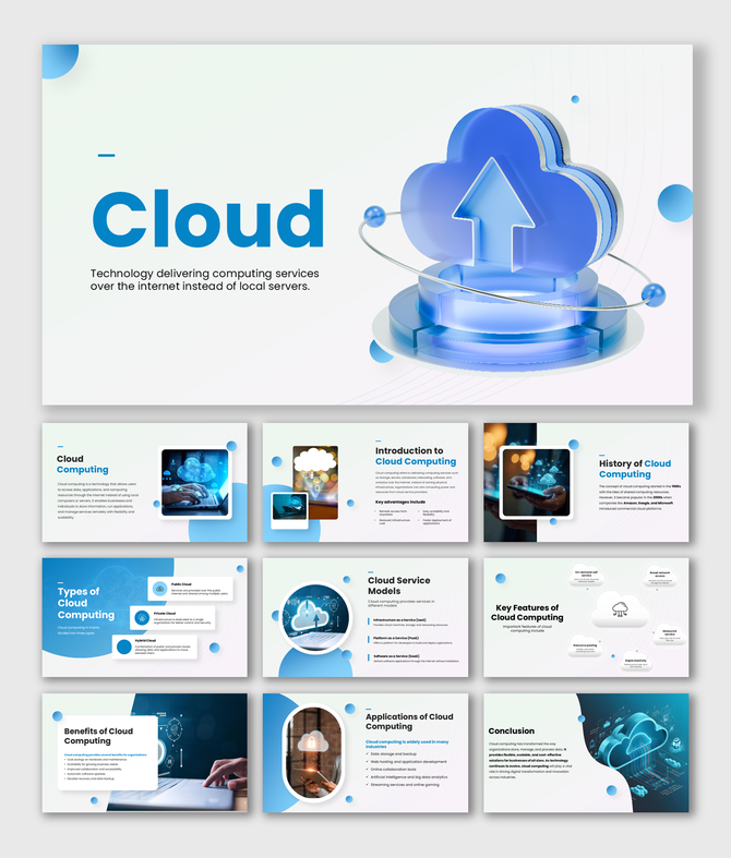 Cloud computing presentation template explaining services, models, features, benefits, and applications of cloud technology.