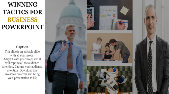 Business themed slide with photos of professionals, charts, meetings, and a caption on the left side of the layout.
