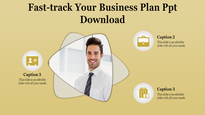 Business plan PowerPoint slide with a smiling person and three icons on a yellow backdrop.