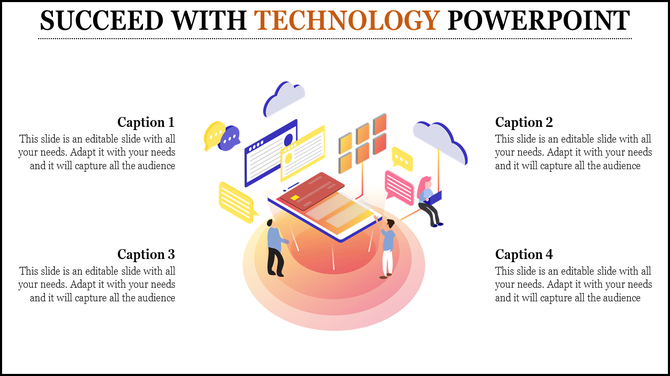 Technology PPT slide with an illustration of a smartphone surrounded by cloud icons and people interacting digitally.