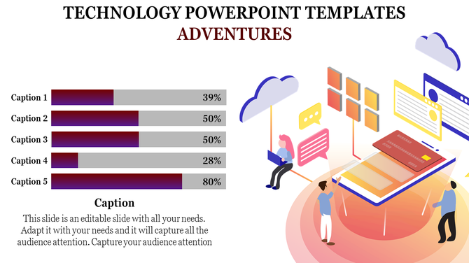 Technology PPT slide featuring a horizontal bar chart alongside an illustration of a smartphone with tech and cloud elements.