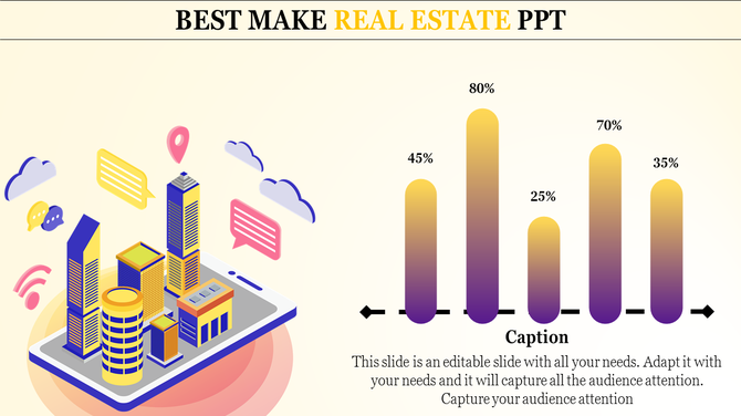 Slide with a 3D isometric city on a tablet on the left and a bar chart with percentages on a gradient background.