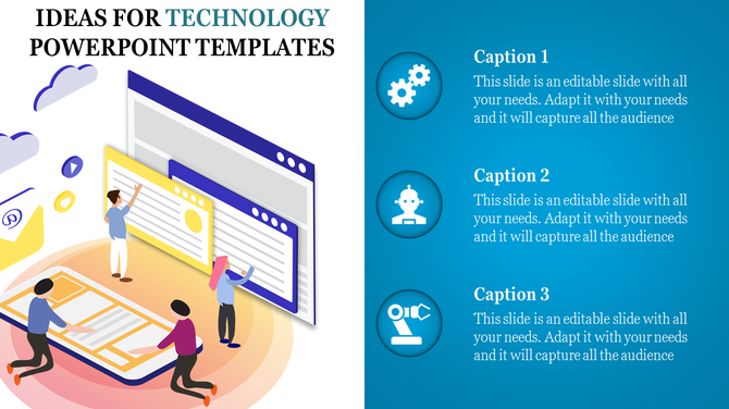 Slide with an isometric illustration of people and devices on the left, with three captions and icons on a blue background.