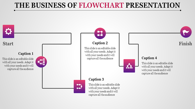 Flowchart slide featuring purple icons with connected captions, in a simple linear layout on a gray backdrop.