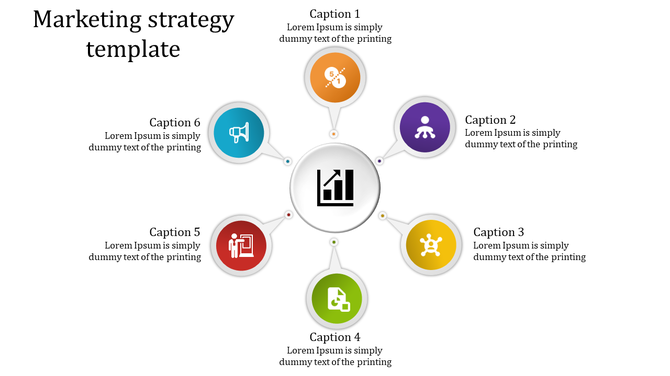 Circular layout with six colorful icons surrounding a central chart graphic, representing marketing strategy components.